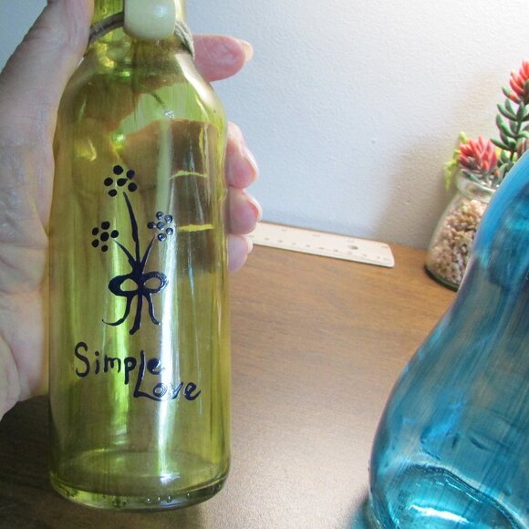 Hand Painted Upcycled Bottles: Blue & Green Folk Art Vases, Set of 2 - Picture 9 of 16